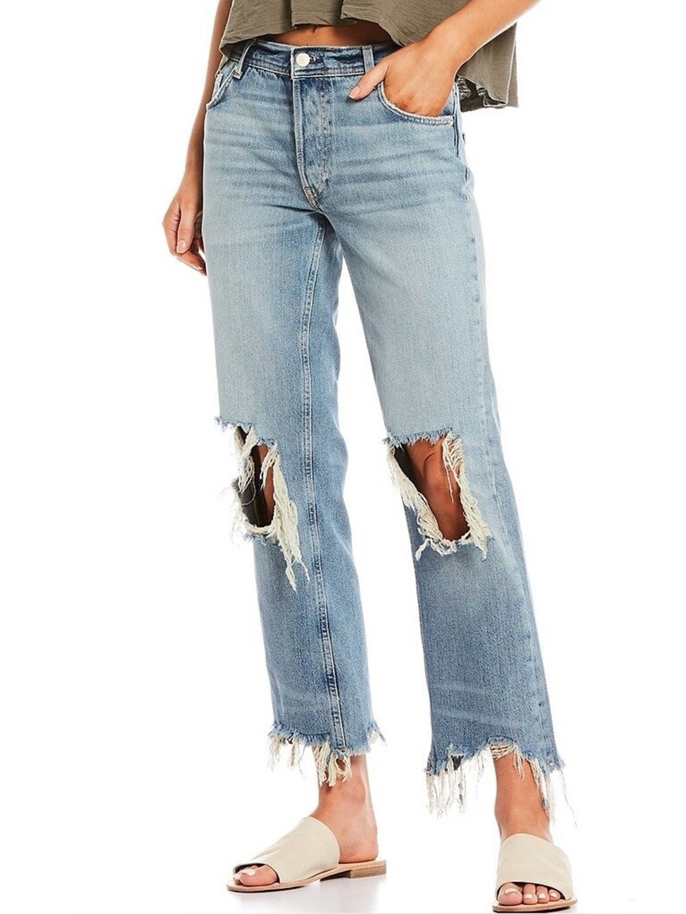 Free People We The Free Maggie Faded Blue Distressed Straight Leg Cropped Jeans